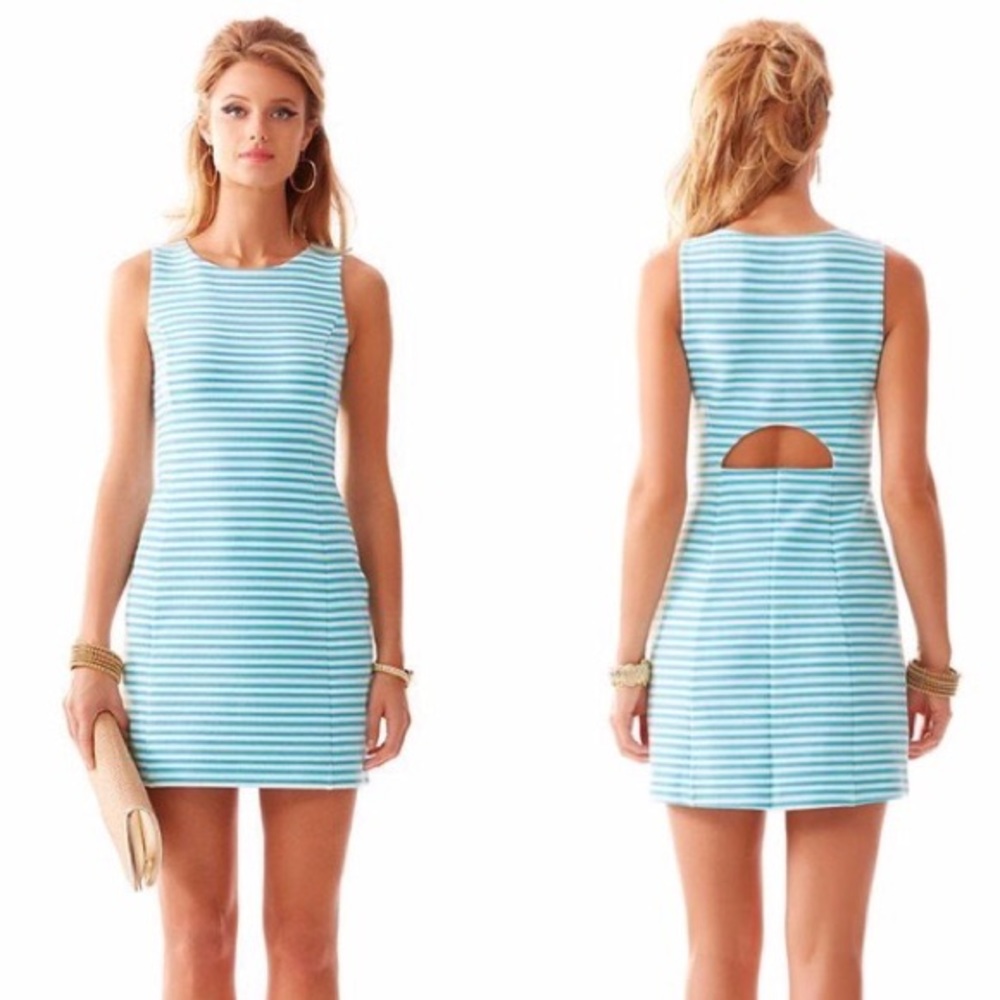 Lilly Pulitzer Shorely Blue Ottoman Stripe Whiting Cut Out Dress (XS) - Picture 3 of 7